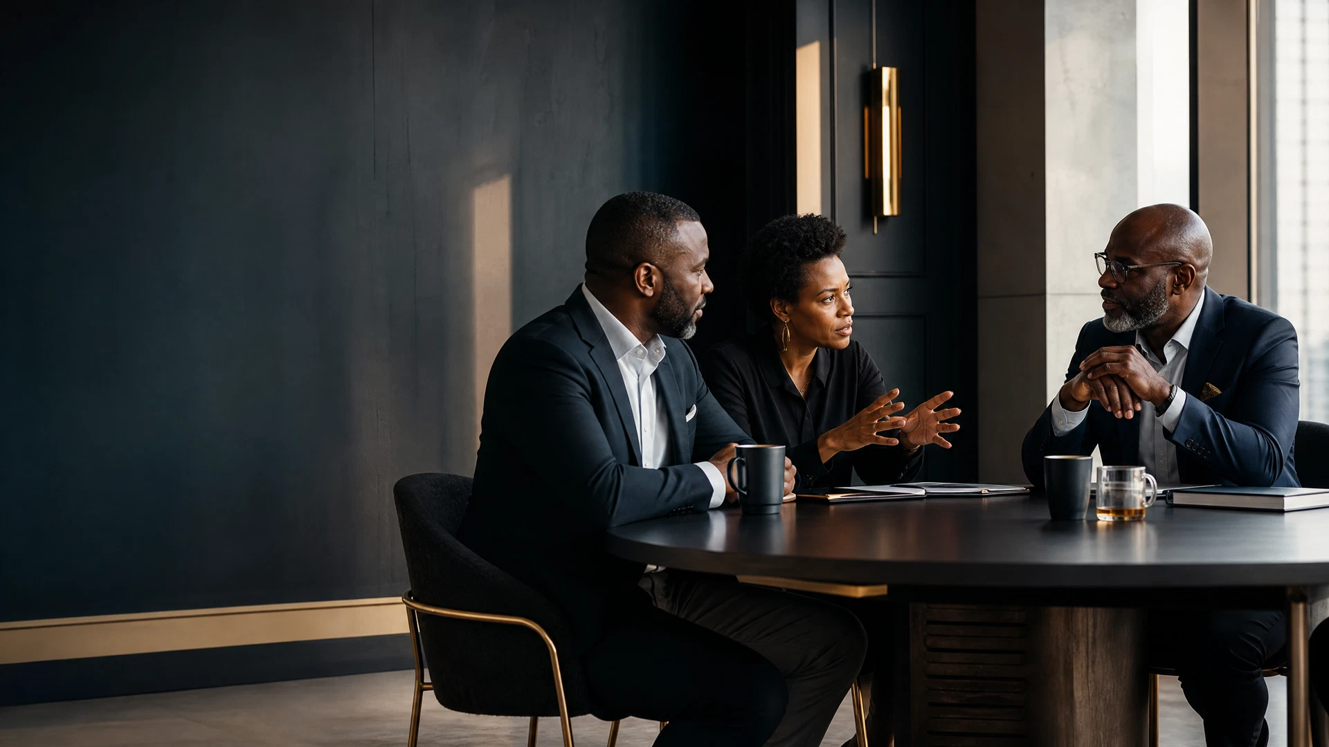 Leaders in a thoughtful executive discussion