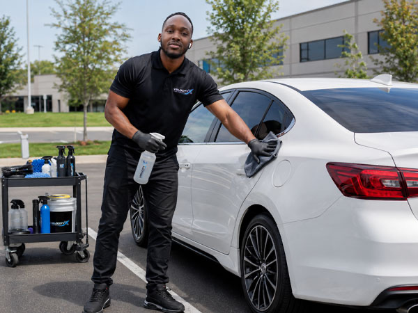 A mobile detailer performing a quick exterior maintenance wash on a sedan in a parking lot, with a spray bottle and microfiber towel in hand.