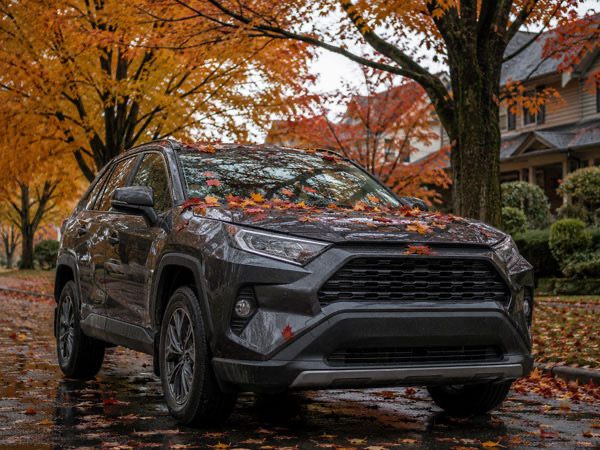 Car parked under fall foliage in Massachusetts with leaves on the hood showing why seasonal detailing matters