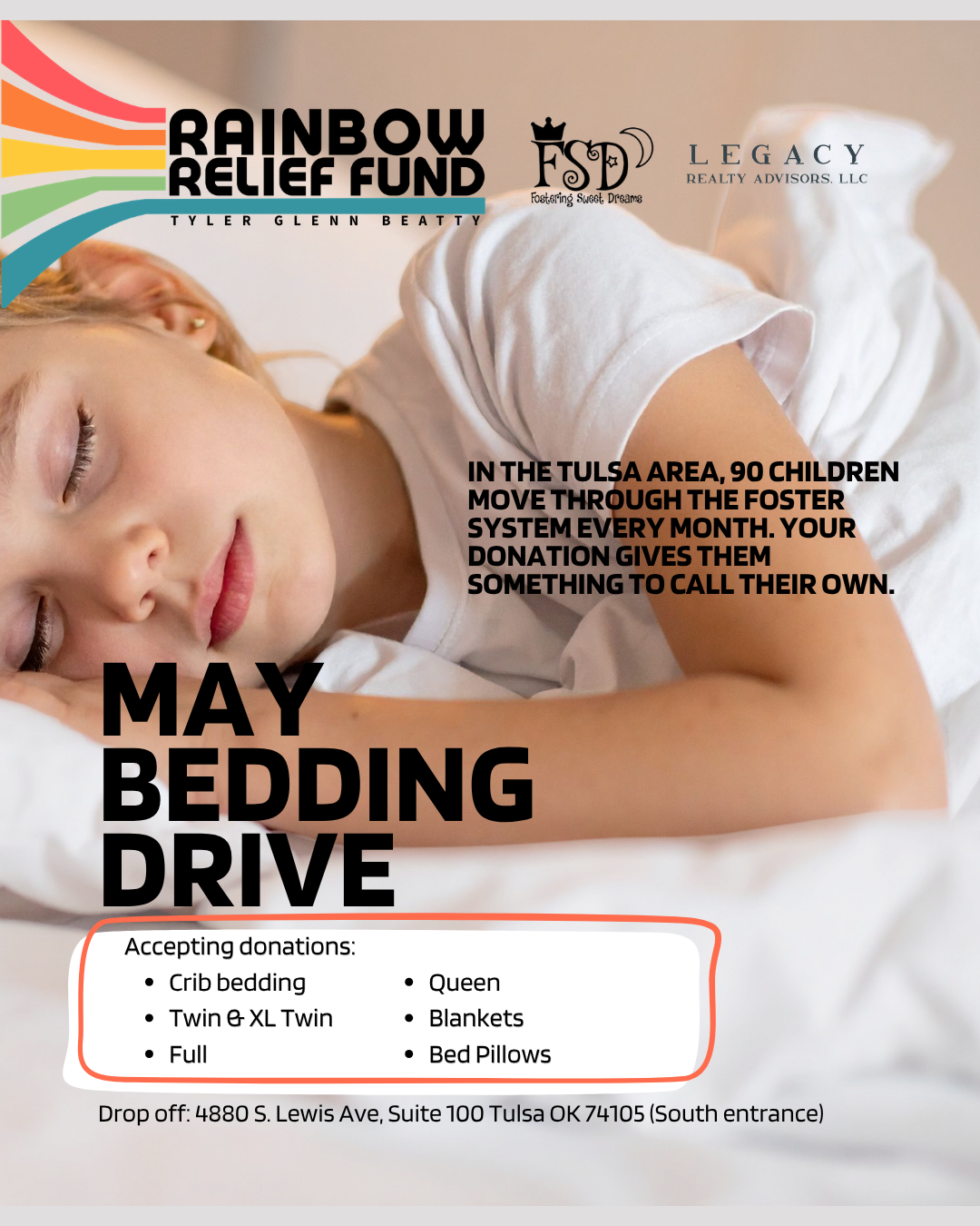 tyler glenn beatty rainbow relief fund with Jennifer Beatty Mount May 2026 bedding drive
