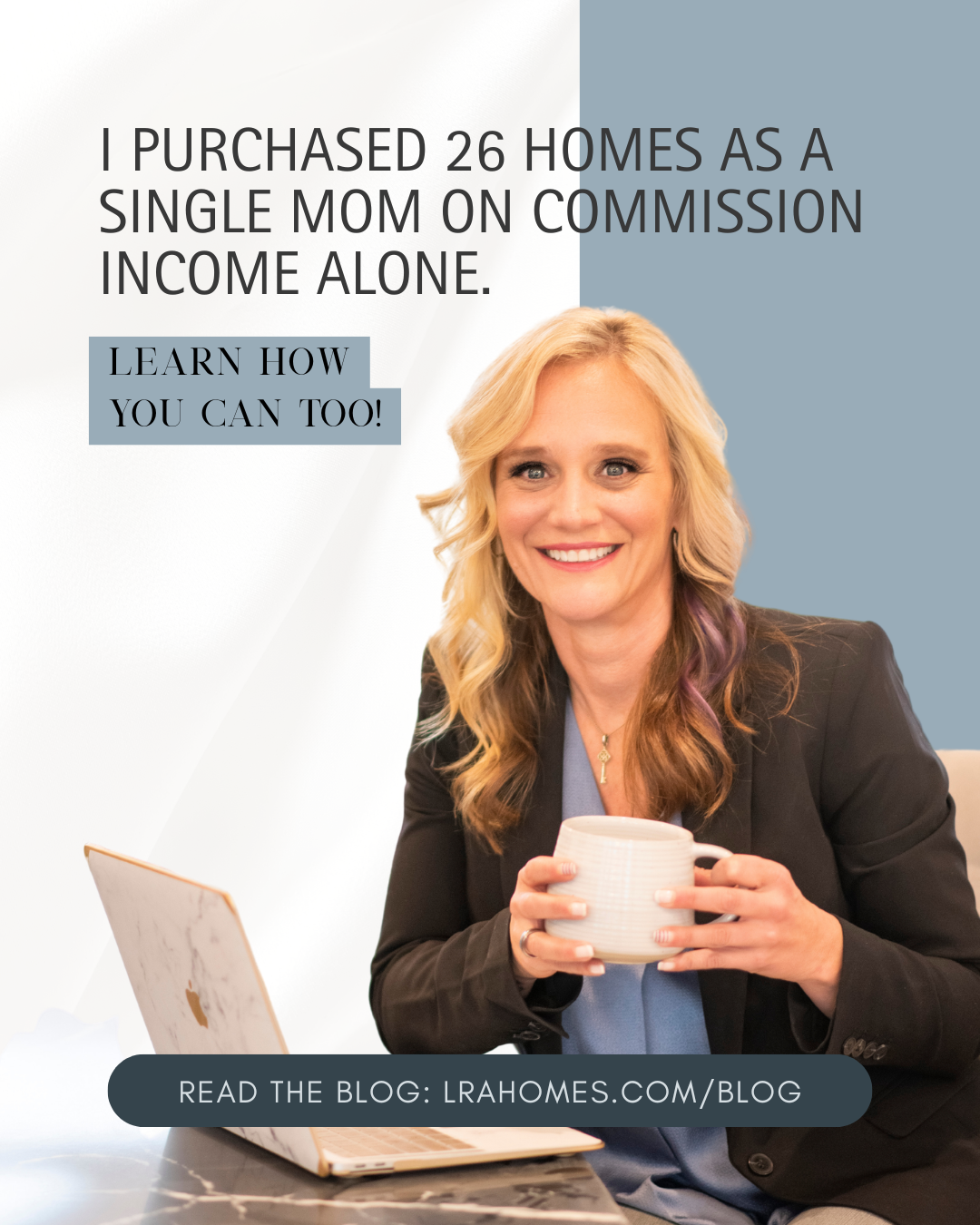 A Jennifer Mount social media graphic sharing how she purchased 26 homes on commission income as a single parent, built through her buy and hold real estate strategy in Tulsa Oklahoma.