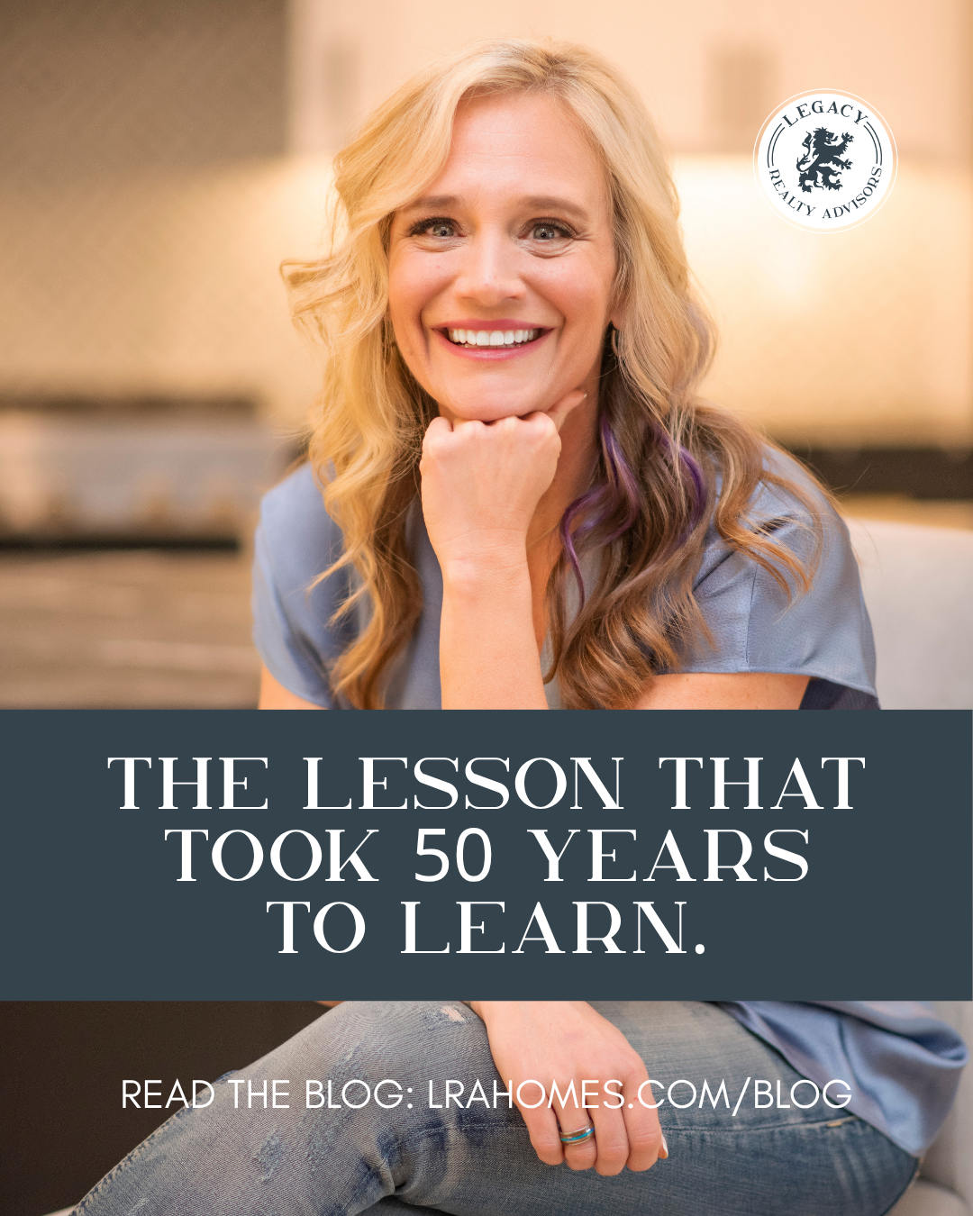 A bold social graphic for Legacy Realty Advisors featuring Jennifer Mount's reflection on turning 50 and her vision for building a real estate legacy in Tulsa Oklahoma that outlasts her career.