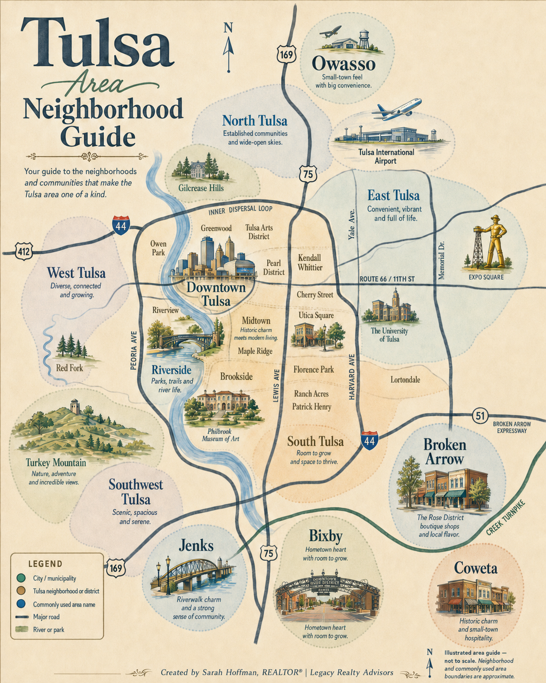 Illustrated map of Tulsa area neighborhoods and suburbs by Sarah Hoffman, REALTOR, Legacy Realty Advisors