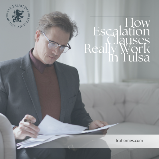 Tulsa home buyer reviewing escalation clause with real estate agent Jennifer Mount Legacy Realty Advisors