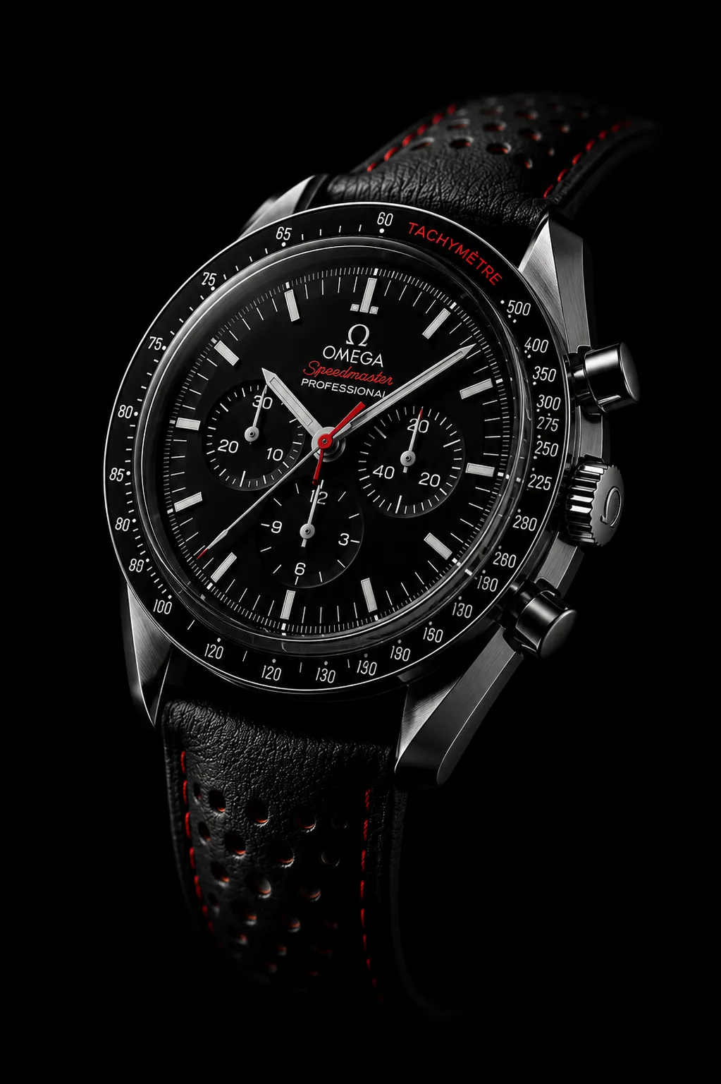 Reloj Omega Speedmaster Professional sobre fondo negro