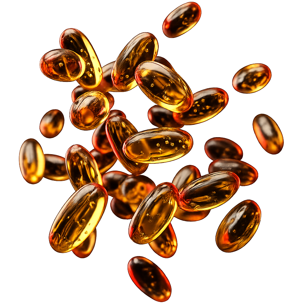Floating 3D golden softgel capsules