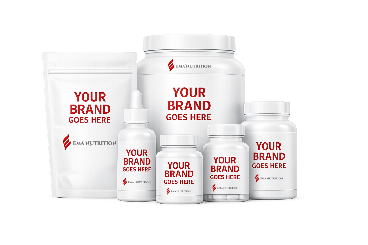 Private label supplement bottles, jars and pouches finished with custom branding