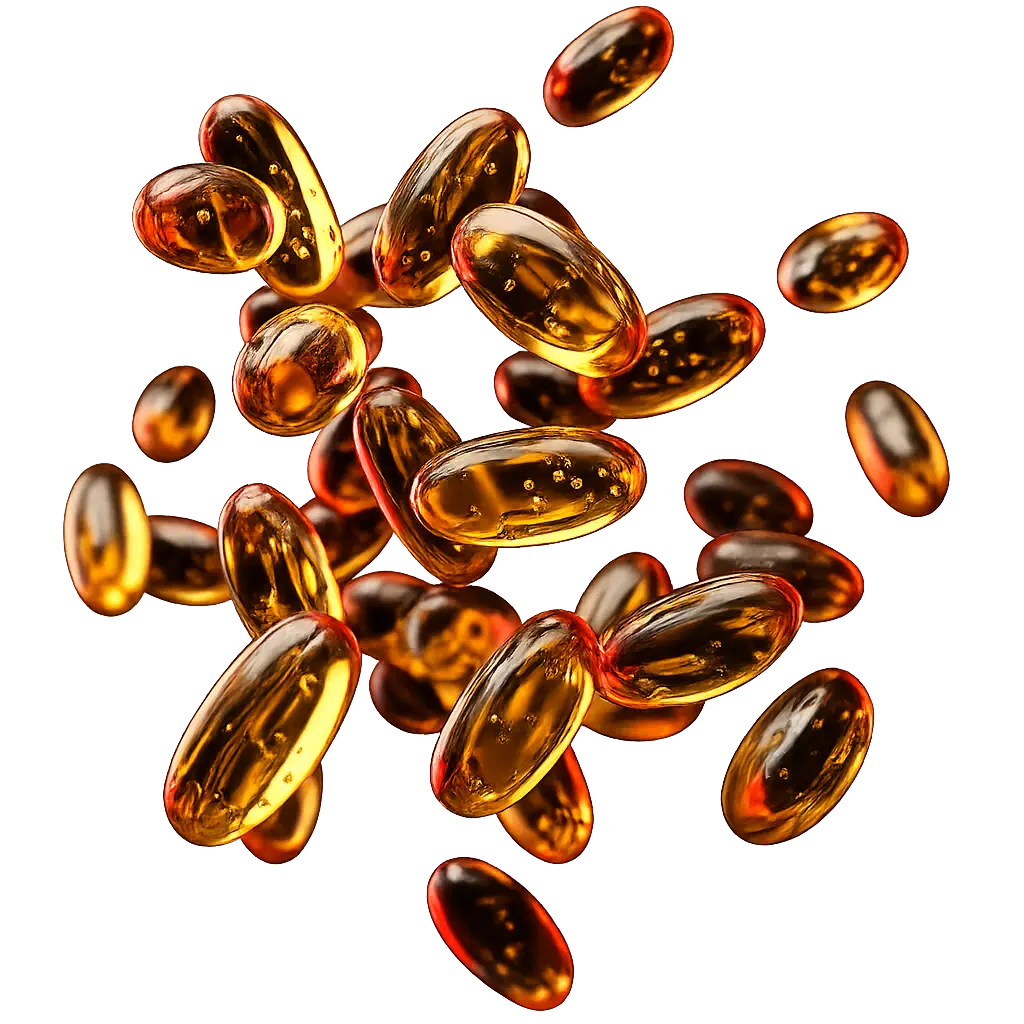Floating 3D golden softgel capsules