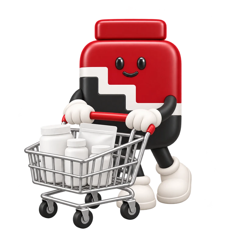 EMA bottle mascot pushing a cart of supplement containers.