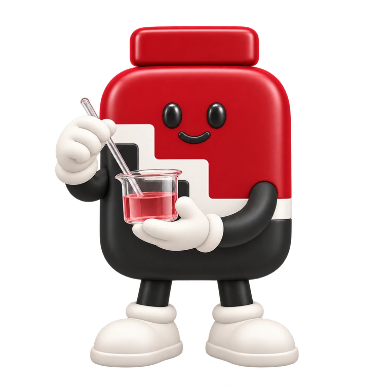 EMA bottle mascot presenting a formulation beaker and stirrer.