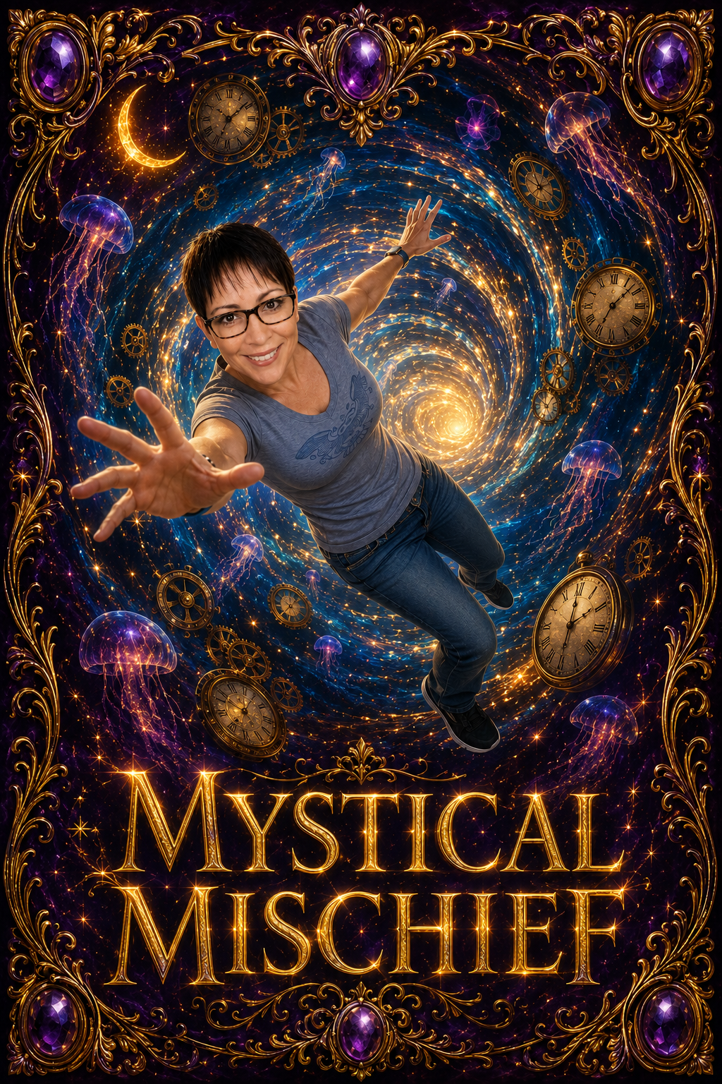 Laura tumbling through the swirling time tunnel of clocks and stars