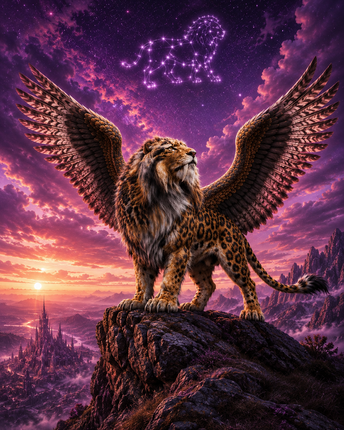 Lairyon — a natural golden winged lion on a crag in a purple sunset beneath its constellation.