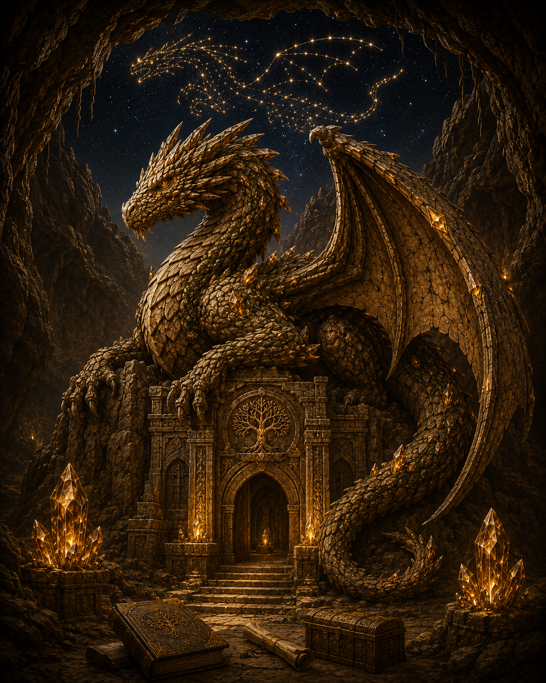 Gaiandor — a bronze living-stone dragon guarding a hoard of books beneath its constellation.