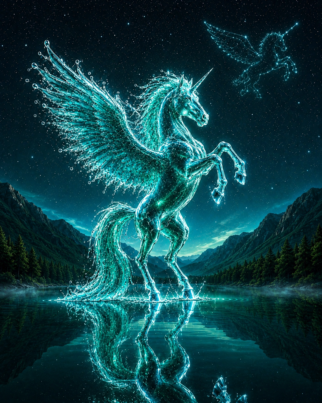 Aondara — a turquoise water-unicorn rearing over a mirror lake beneath its constellation.