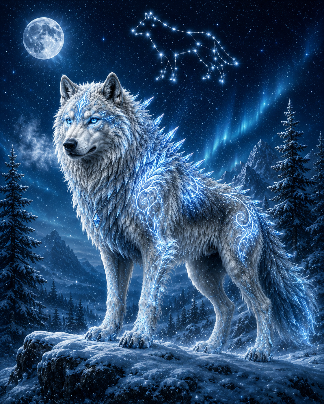 Winterwolf — a great winter wolf glowing with icy blue light beneath a wolf constellation.