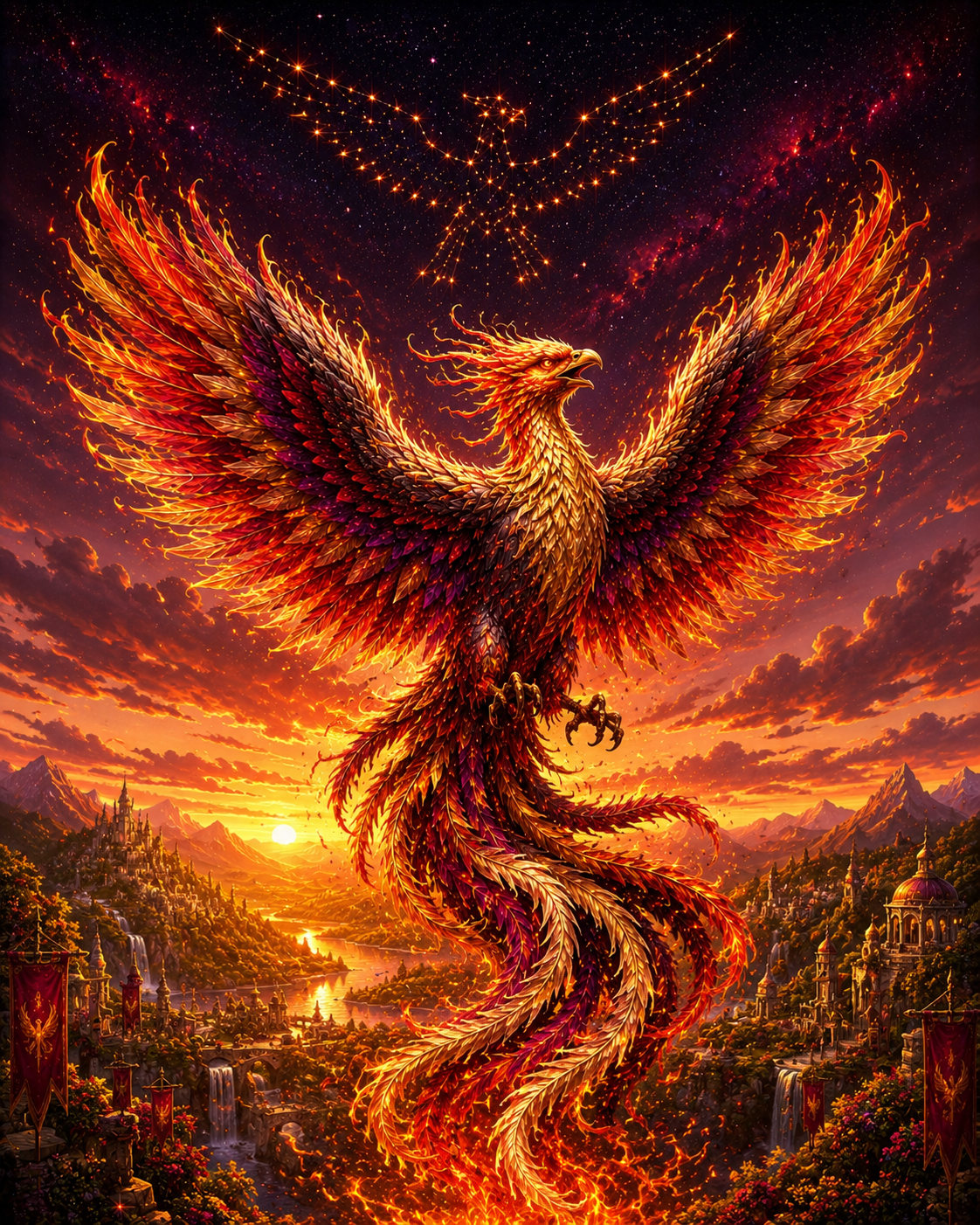 Phyrehawk — a phoenix of red and orange flame rising beneath a phoenix constellation.