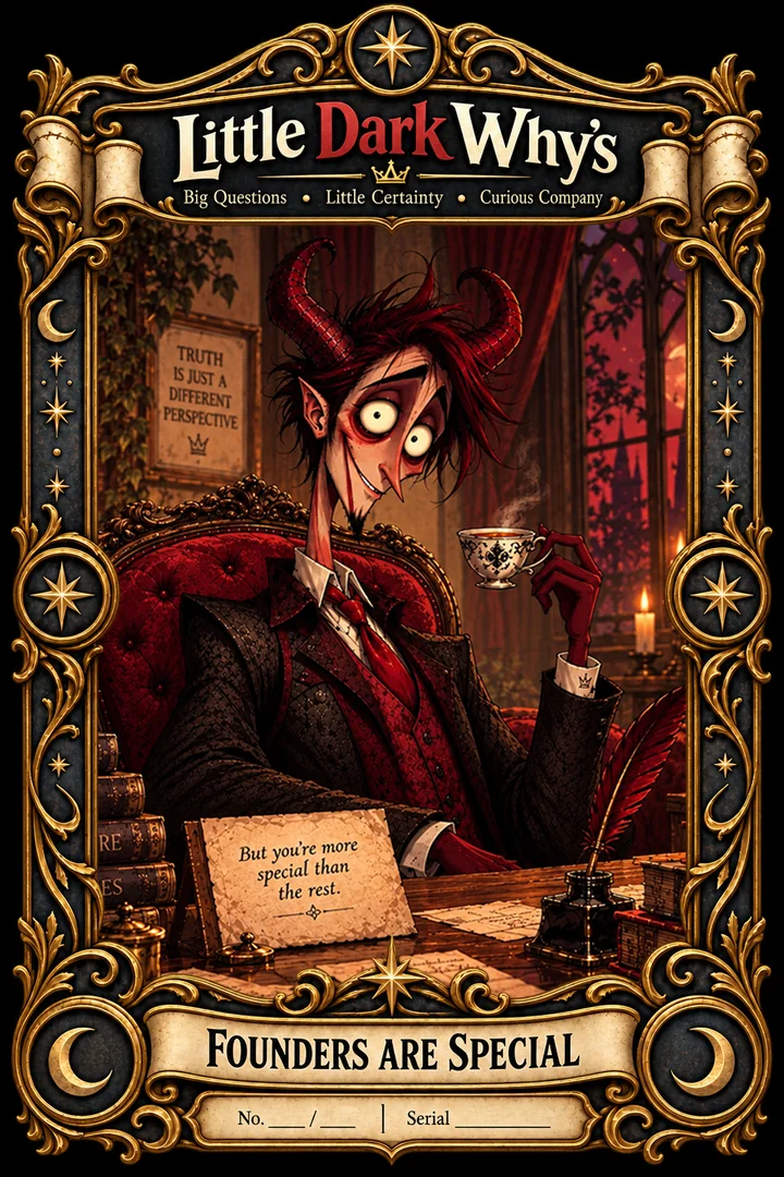 Father of Lies Founding Edition poster: a tall pale character with large curved red horns and a lopsided grin, in a dark patterned suit and crimson cravat, lounging in a red velvet chair with a teacup. A sign behind him reads “Truth is just a different perspective” and a card on the desk reads “But you’re more special than the rest.” Set in an ornate gold frame beneath the Little Dark Why’s title, with the words Founders Are Special on a banner below.