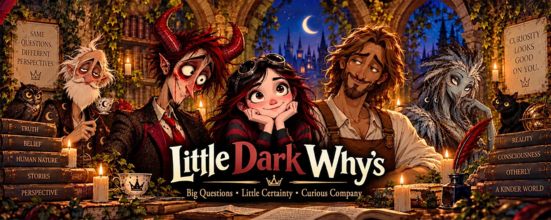 The five Little Dark Why's characters — The Philosopher, Father of Lies,
                  Y, The Carpenter and The Otherly — gathered at a candlelit desk in an ivy-hung
                  gothic library, beneath a crescent moon, with the series title and the words
                  Big Questions, Little Certainty, Curious Company.