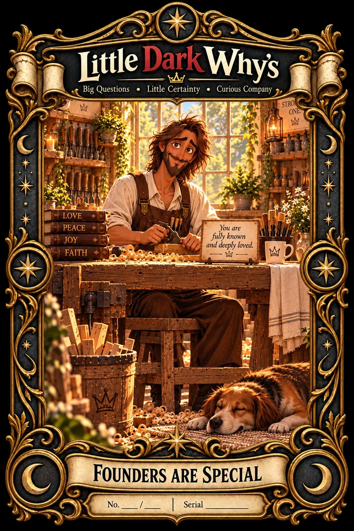 The Carpenter Founding Edition poster: a bearded character with wavy auburn hair in a linen shirt and leather apron, working at a sunlit bench among wood shavings and hand tools, a dog asleep at his feet. Books beside him read Love, Peace, Joy and Faith, and a sign reads “You are fully known and deeply loved.” Set in an ornate gold frame beneath the Little Dark Why’s title, with the words Founders Are Special on a banner below.