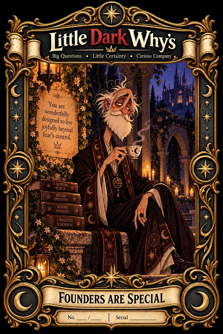 The Philosopher Founding Edition poster: an elderly character with a long white beard, pointed ears and small round spectacles, in star-and-moon patterned robes, holding a teacup on stone steps beneath an ivy-covered arch at dusk. A parchment reads “You are wonderfully designed to live joyfully beyond fear’s control.” and books beside him read A Quieter World, Bigger Questions, Kinder Answers and A Brighter Tomorrow. Set in an ornate gold frame beneath the Little Dark Why’s title, with the words Founders Are Special on a banner below.