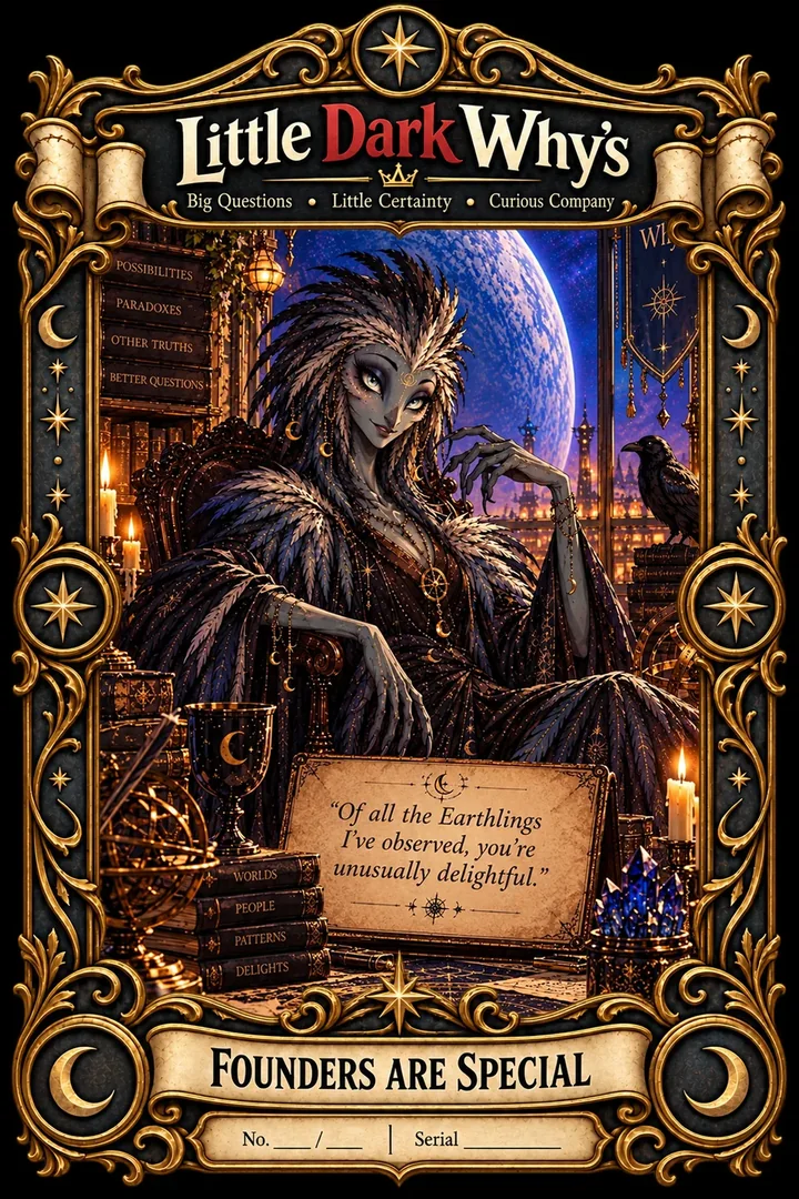 The Otherly Founding Edition poster: a feathered, owl-like character seated beside a raven under a great blue moon, in an ornate gold frame beneath the Little Dark Why's title, with the words Founders Are Special on a banner below.