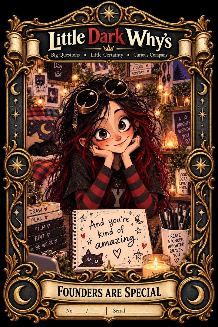 Y Founding Edition poster: a young character with long dark red hair and brass goggles pushed up on her head, chin resting on her hands, smiling in a cosy room strung with warm lights, a black cat asleep behind her. An open notebook reads “And you’re kind of amazing.” and books beside her read Draw, Plan, Film, Edit and Be Weird. Set in an ornate gold frame beneath the Little Dark Why’s title, with the words Founders Are Special on a banner below.