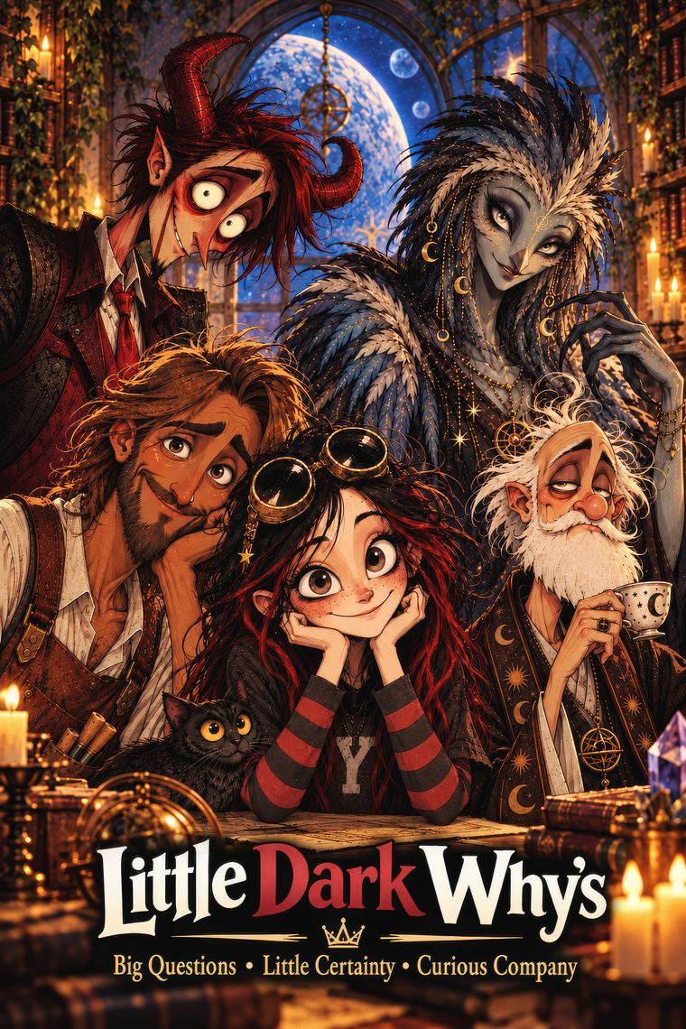 The Little Dark Why's Welcome Poster: all five characters gathered together in the library.
