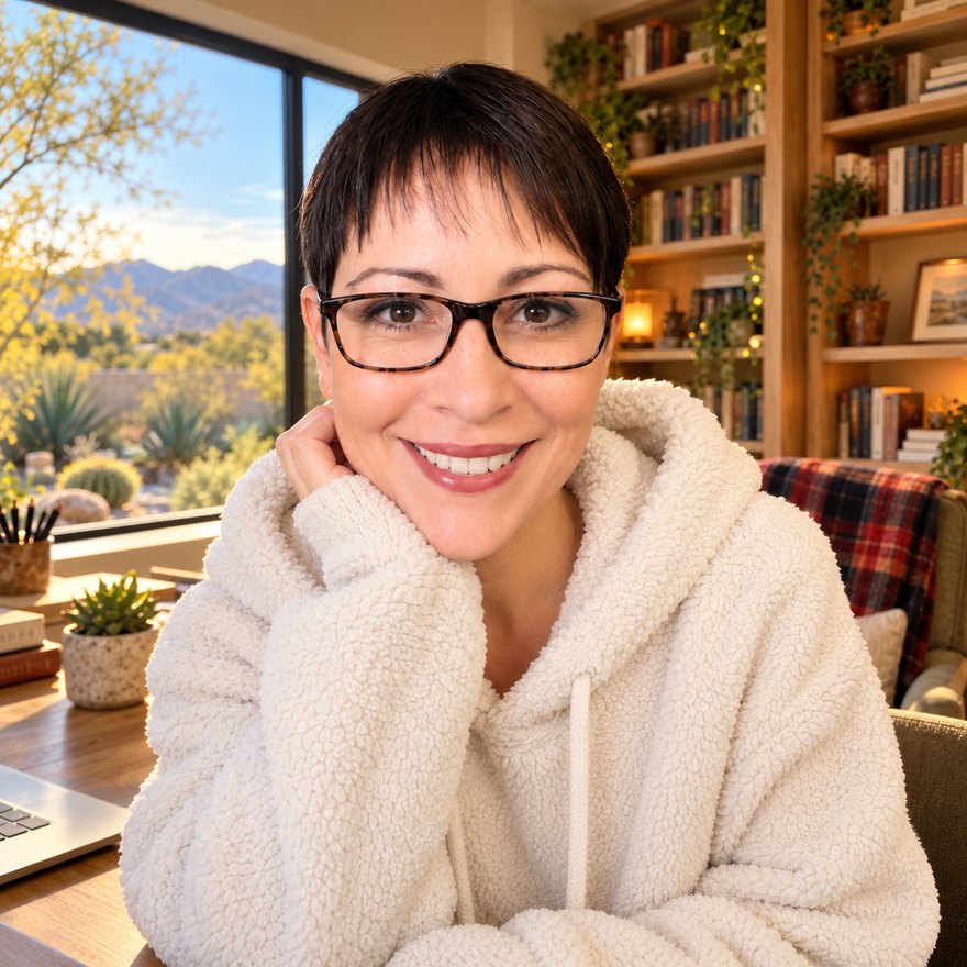 Laura Cristina Cantu at her desk, bookshelves behind her and the desert through the window