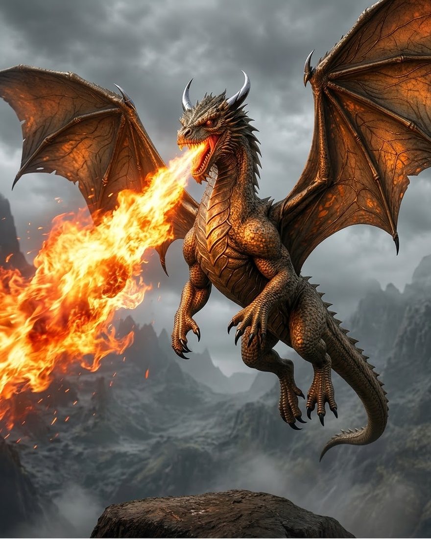 A bronze dragon breathing fire