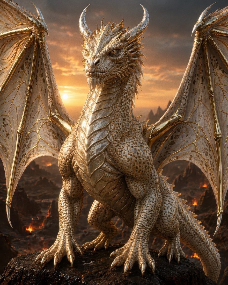 An ivory dragon on a scorched mountainside