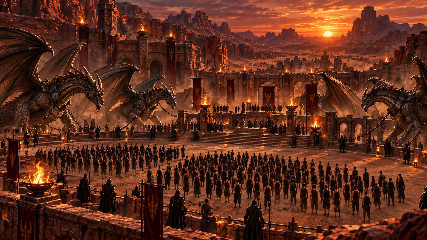 The Tethering Grounds, a vast arena where dragons in iron collars wait