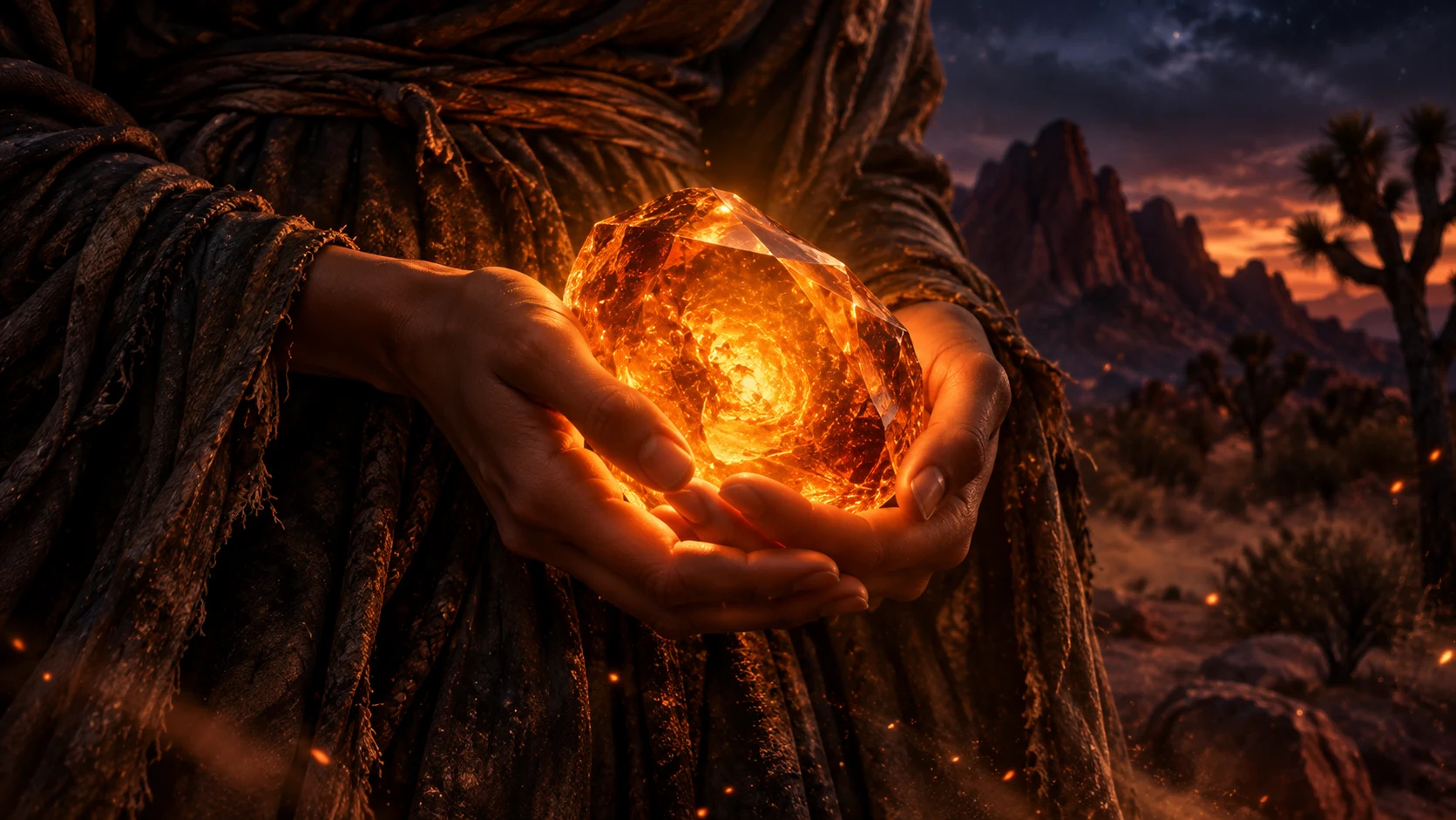 A glowing amber heart-stone held in cupped hands