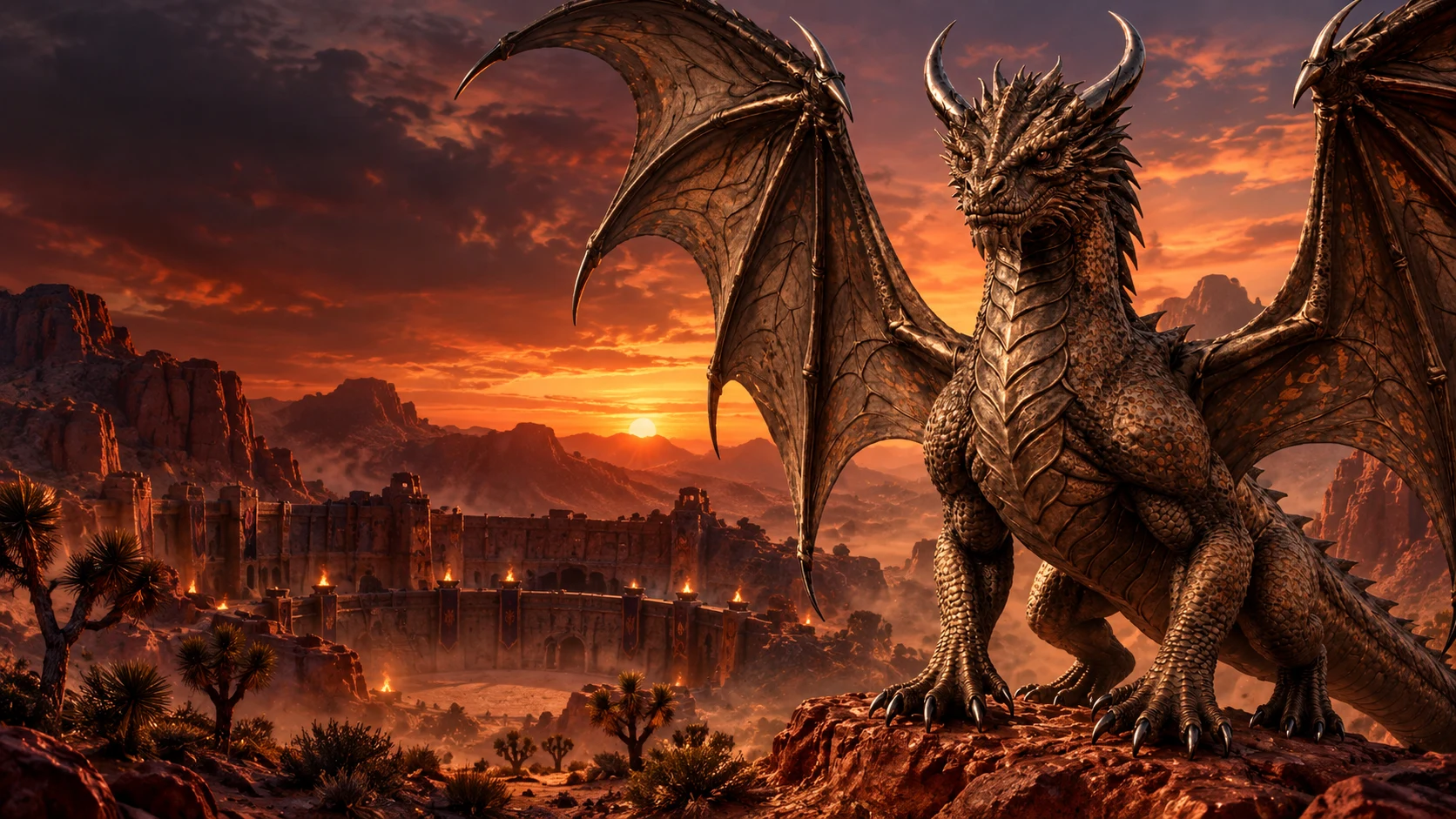Vohs, a bronze dragon, wings spread over a desert arena in red rock country
