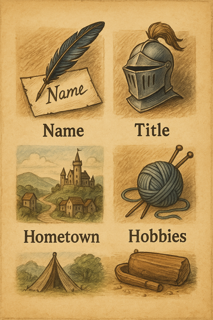 Illustrated guide showing character traits like name, title, hometown, and hobbies for writers building fictional characters