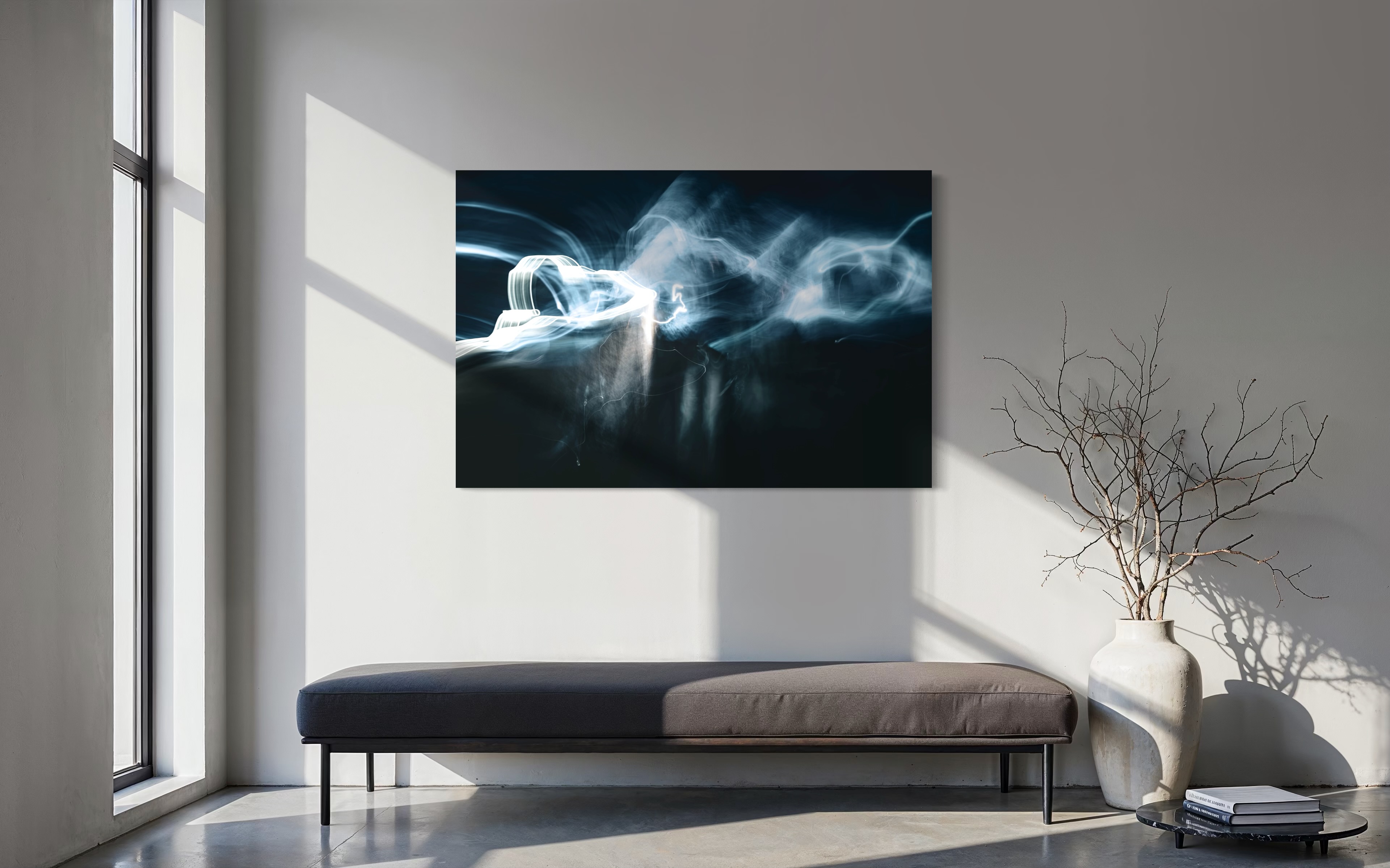 If You Were Here" by Angie Harker — large format fine art photography print displayed in a contemporary minimalist interior. Abstract long exposure light photography, available as a limited edition museum-quality print at angieharker.com If You Were Here" by Angie Harker — large format fine art photography print displayed in a contemporary minimalist interior. Abstract long exposure light photography, available as a limited edition museum-quality print at angieharker.com