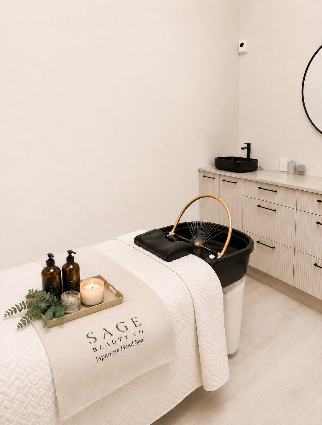Japanese head spa treatment room at Sage Beauty Co. in Surrey, BC