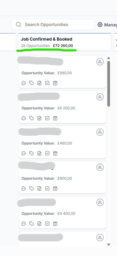 CRM pipeline view: Job Confirmed & Booked, 28 opportunities, £72,260 in value