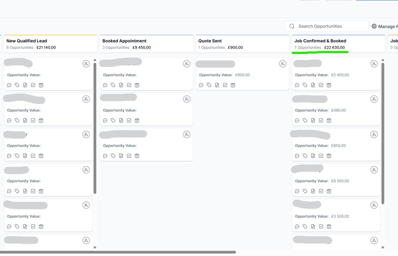Live CRM pipeline showing £22,630 in job confirmed and booked stage in the first month.