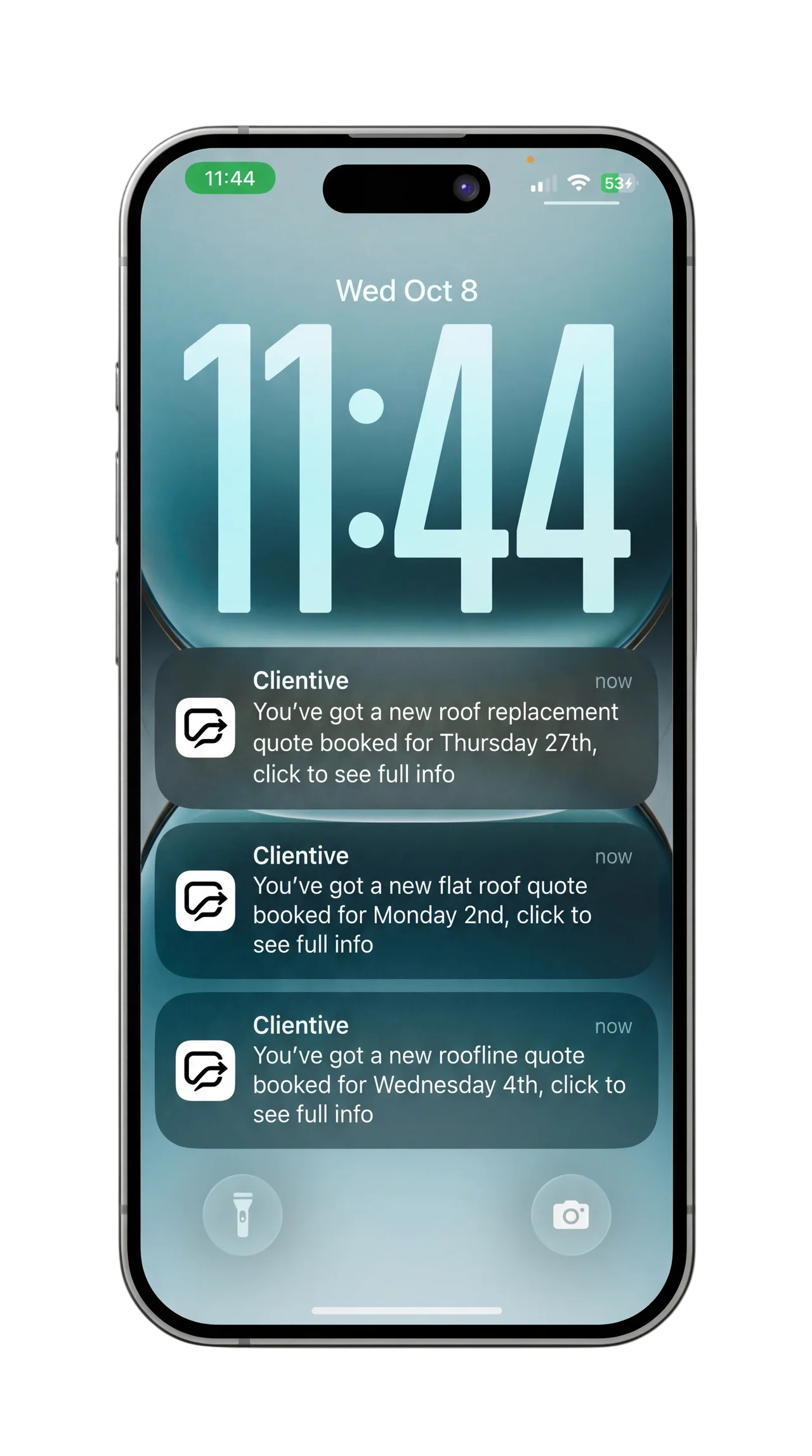 iPhone lock screen showing three Clientive notifications: new roof replacement, flat roof, and roofline quotes all booked.