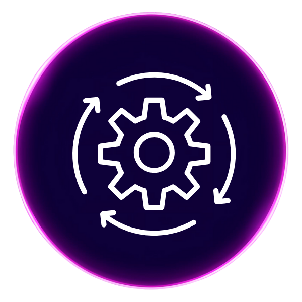 A purple circle with an icon in the middle that shows a gear with four arrows around it
