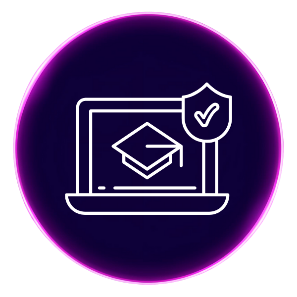 A purple circle with an icon in the middle that shows a laptop with a graduation cap and a checkmark in the middle