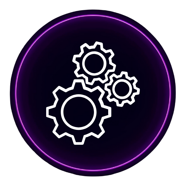 A dark purple circle with an icon that shows three gears in the middle