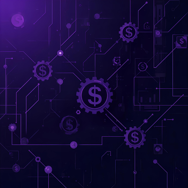 A digital network-themed illustration featuring interconnected gears with dollar symbols, glowing in shades of purple against a dark background, representing financial technology and automated systems.