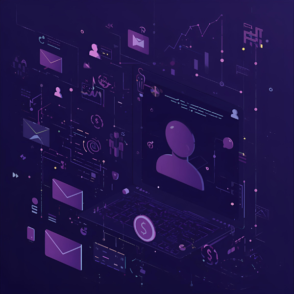 A futuristic digital illustration of a laptop surrounded by floating icons for messages, analytics, user profiles, and financial symbols, representing online communication, data management, and digital marketing systems.
