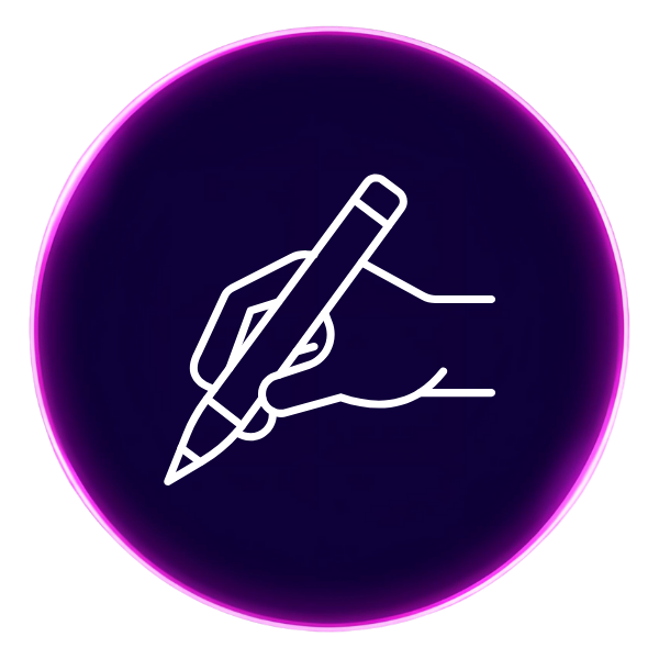 A purple circle with an icon in the middle that shows a hand writing with a pen