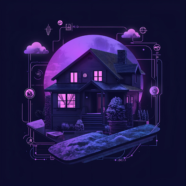 A smart home illustrated in purple and blue neon tones, surrounded by a digital interface of icons, cloud symbols, and circuitry, with a smartphone at the bottom controlling various home automation features.