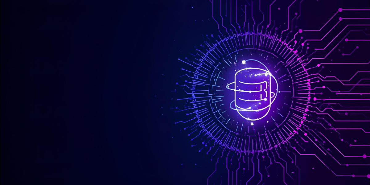 A glowing neon illustration of a database icon surrounded by circular digital circuitry and purple-blue light effects, symbolizing data storage and advanced technology on a dark background.