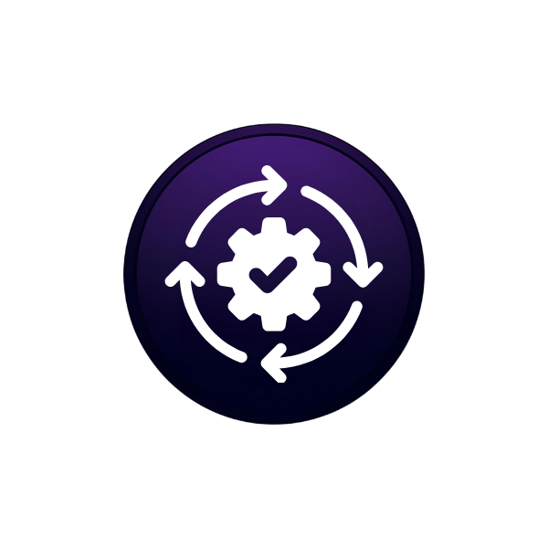A dark purple circle with a gear that has a checkmark in the middle 