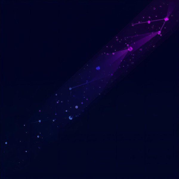 An abstract diagonal trail of glowing purple and blue particles connected by faint lines, resembling a constellation or data stream against a dark background.