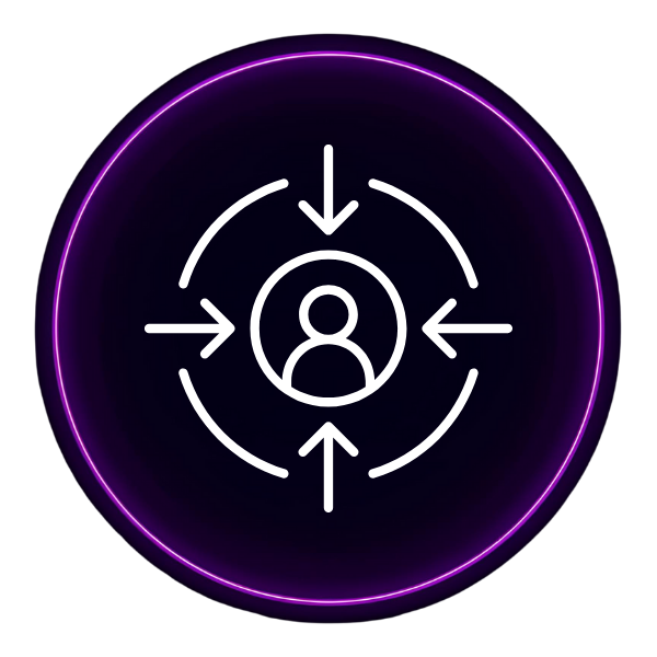 A dark purple circle with an icon that shows a person with arrows aimed at them in the middle